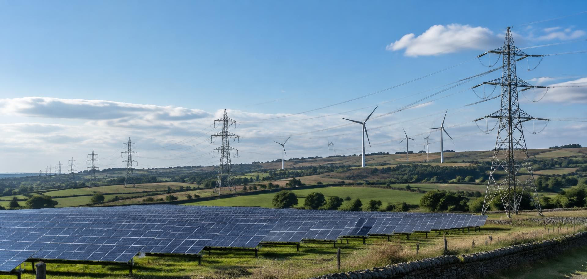 Transmission pylons crossing farmland beside a solar farm, with wind turbines on the ridge behind