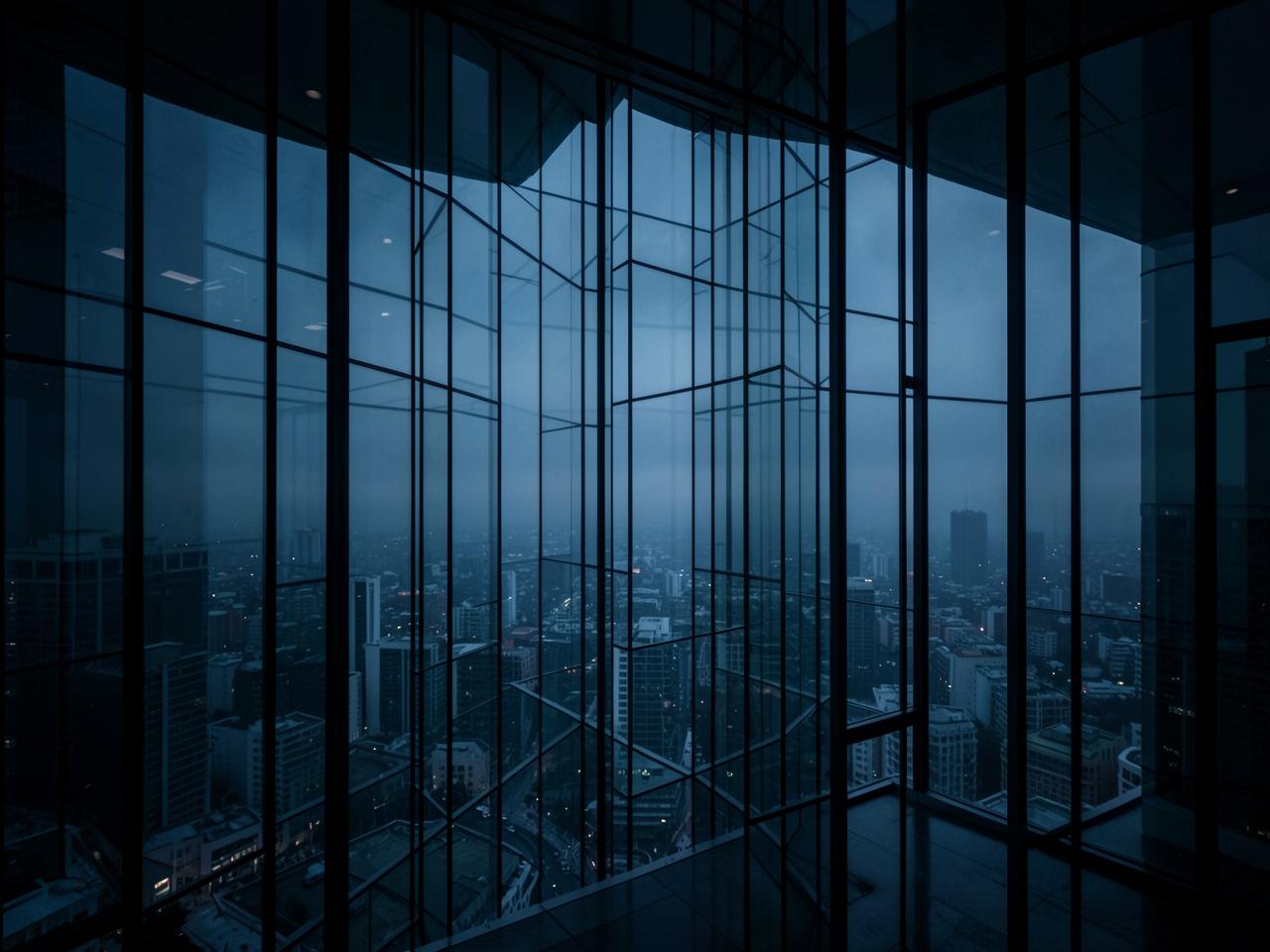 View over an international financial district at dusk