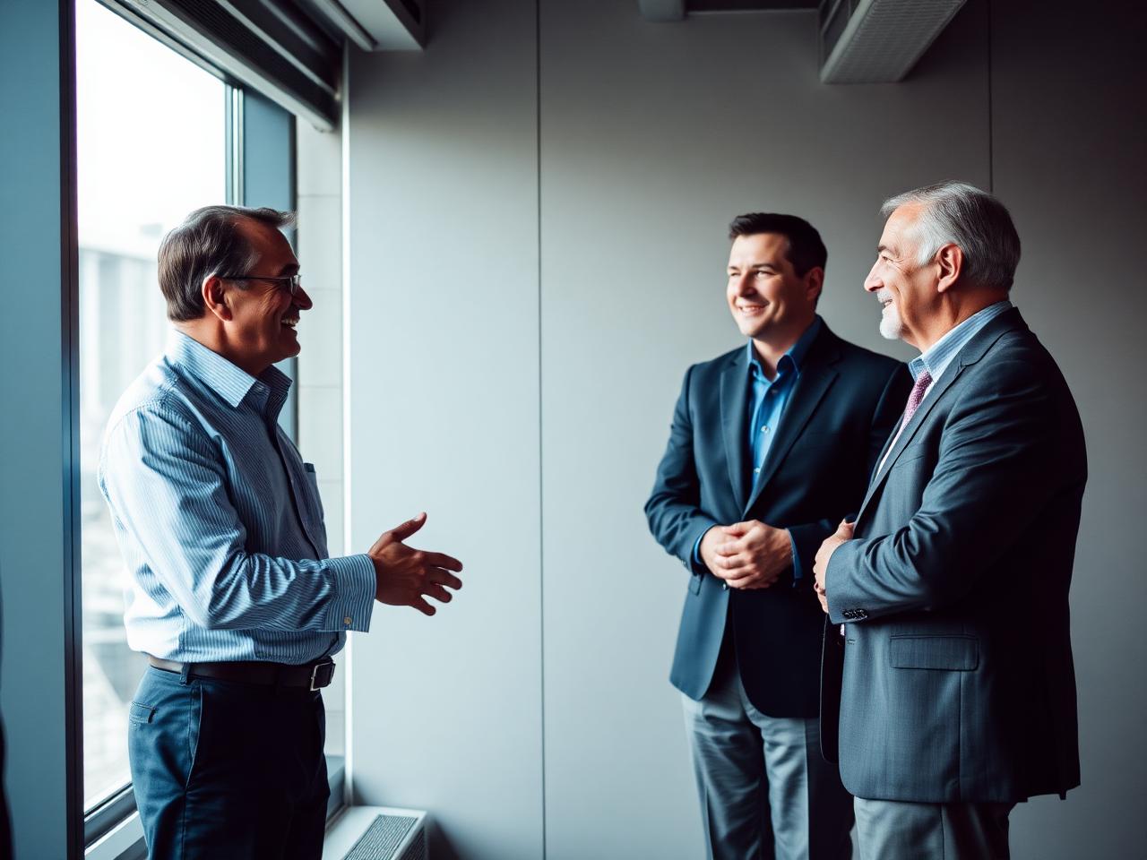 Senior colleagues in discussion in a modern office interior